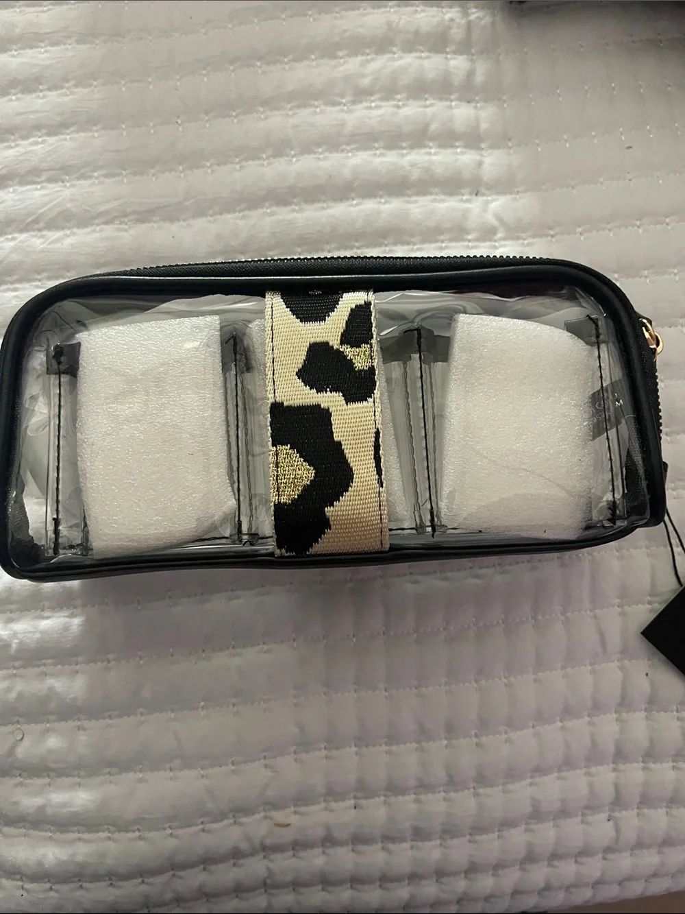 PurseN Clear Makeup Case with Black Trim and Leopard Strap (Black, Cream, Gold)